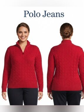 Polo Jeans by Ralph Lauren 1/4 Zip Red Pullover Cable Knit Sweater Large Unisex